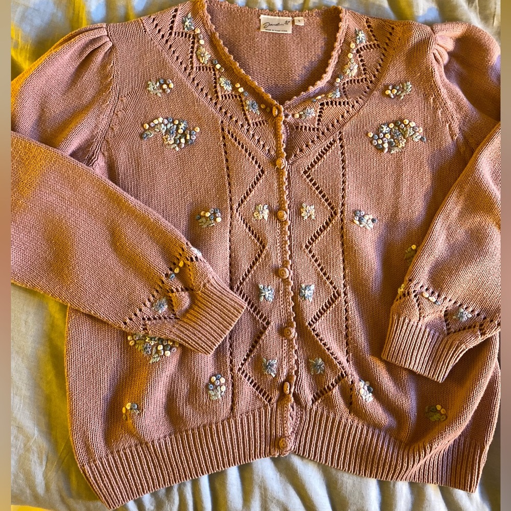 Cotton embroidered cardigan dusty rose floral Large